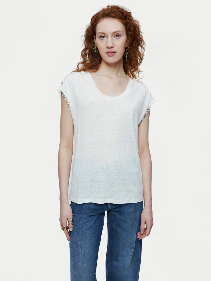 Jigsaw Tops Women Linen Circle Trim Tshirt Cream
