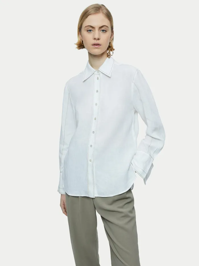 Jigsaw Tops Women Linen Stitch Detail Shirt White