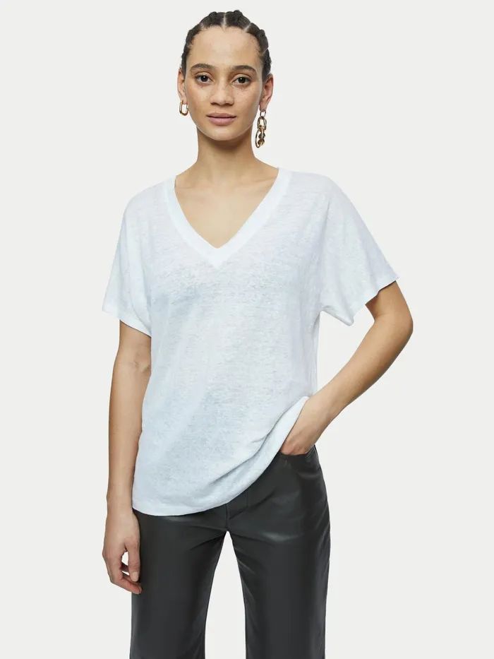 Jigsaw Tops Women Linen V Neck Short Sleeve Tee White