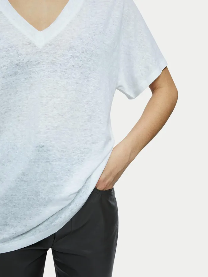 Jigsaw Tops Women Linen V Neck Short Sleeve Tee White