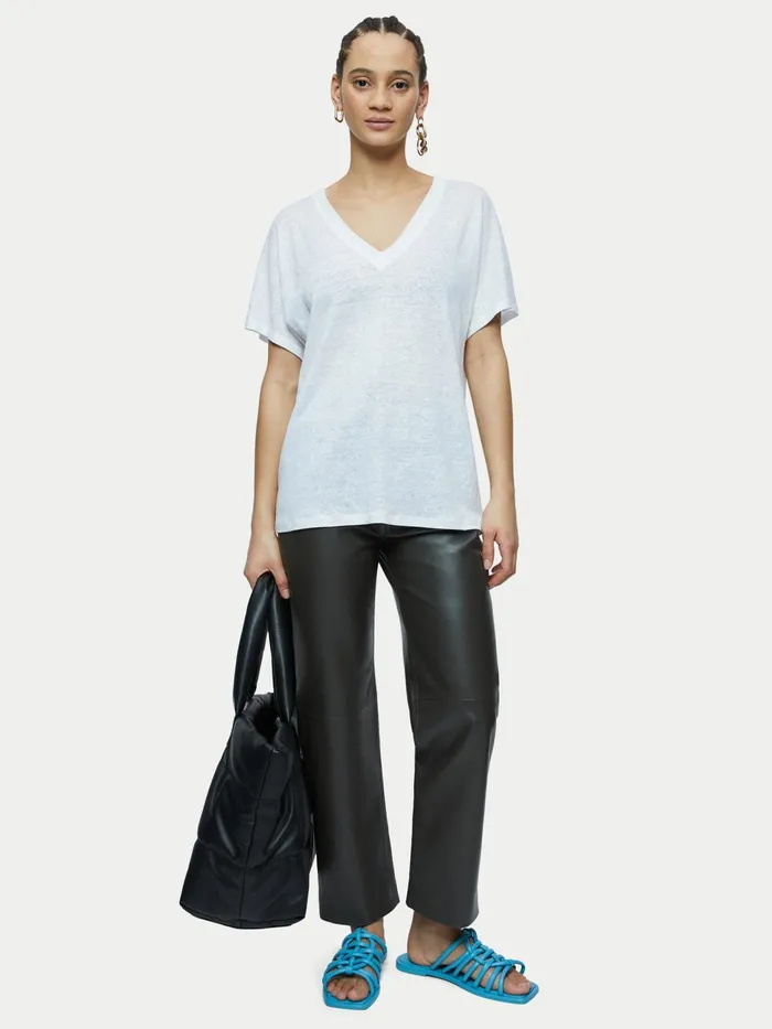 Jigsaw Tops Women Linen V Neck Short Sleeve Tee White