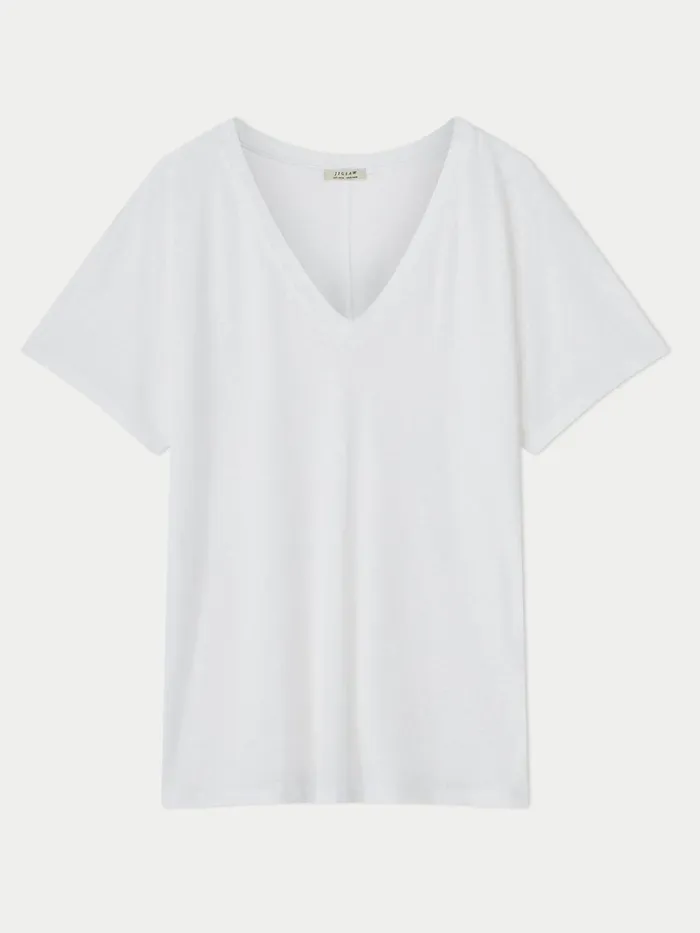 Jigsaw Tops Women Linen V Neck Short Sleeve Tee White