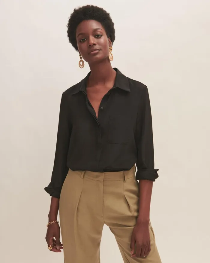 Jigsaw Tops Women Long Sleeve Silk Shirt Black