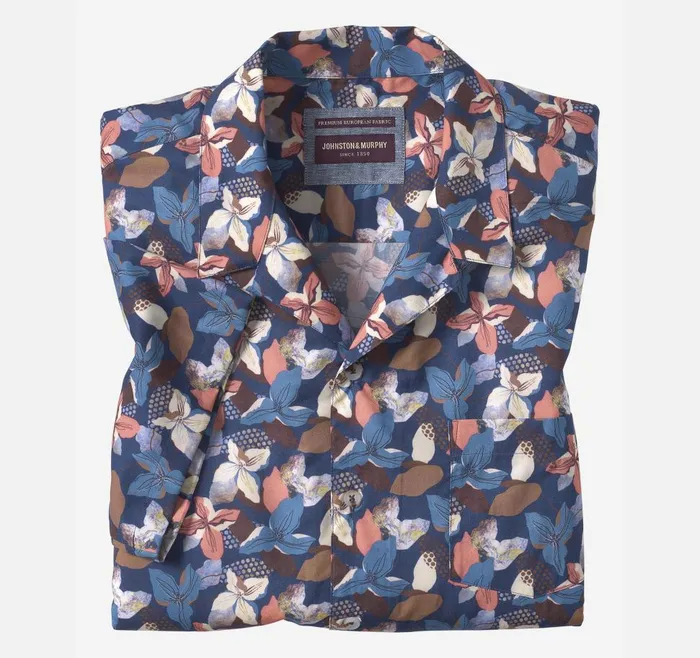 Johnston and Murphy Camp Shirt Navy Abstract Floral Men ShortSleeve Shirts