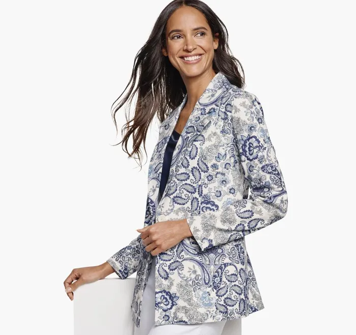 Johnston and Murphy Paisley Printed LinenBlend Blazer Whitenavy Women Shirts Sweaters and Blazers Johnston and Murphy Paisley Printed LinenBlend Blazer Whitenavy Women Shirts Sweaters and Blazers