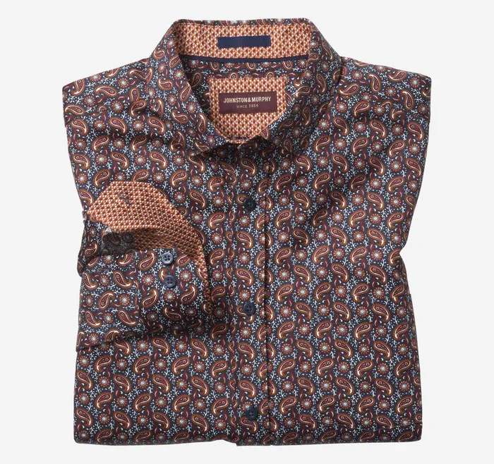 Johnston and Murphy Printed Cotton Shirt Navyrust Paisley Party Men Shirts