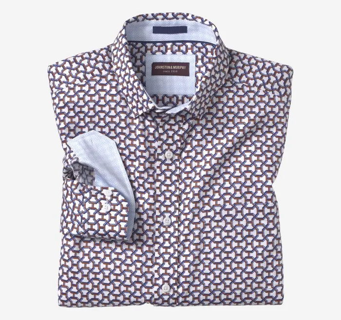 Johnston and Murphy Printed Cotton Shirt Orange Tunnel Maze Men Shirts