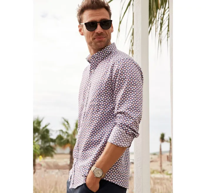 Johnston and Murphy Printed Cotton Shirt Orange Tunnel Maze Men Shirts
