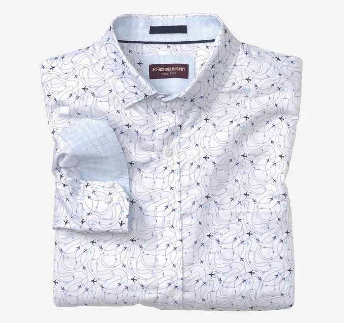 Johnston and Murphy Printed Cotton Shirt White Airplane Men Shirts