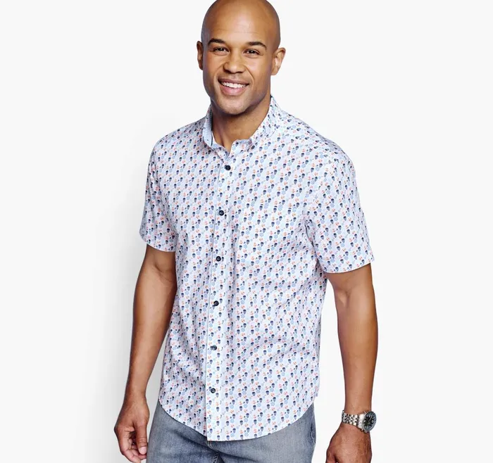 Johnston and Murphy Printed Cotton ShortSleeve Shirt Blue Pirate Men ShortSleeve Shirts
