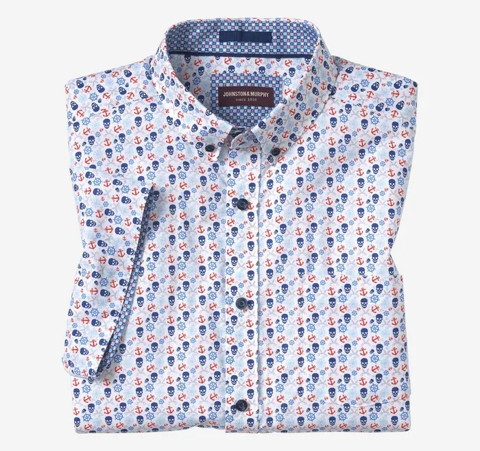 Johnston and Murphy Printed Cotton ShortSleeve Shirt Blue Pirate Men ShortSleeve Shirts