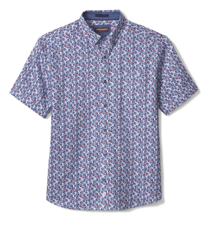 Johnston and Murphy Textured Cotton ShortSleeve Shirt Navyred Mod Circle Men ShortSleeve Shirts