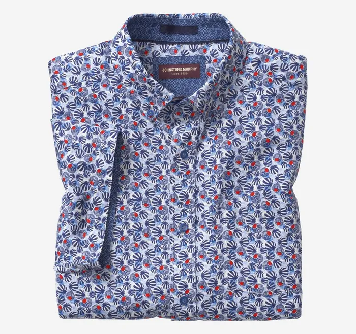 Johnston and Murphy Textured Cotton ShortSleeve Shirt Navyred Mod Circle Men ShortSleeve Shirts