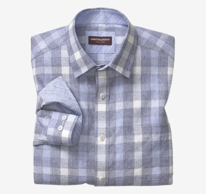 Johnston and Murphy Washed LinenBlend Shirt Blue Large Check Men Shirts