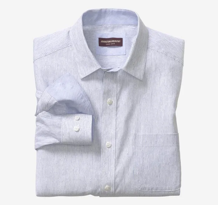Johnston and Murphy Washed LinenBlend Shirt Whiteblue Slub Stripe Men Shirts