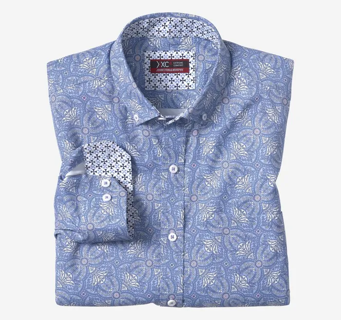 Johnston and Murphy XC4 LongSleeve StretchWoven Shirt Blue Filigree Print Men Shirts Johnston and Murphy XC4 LongSleeve StretchWoven Shirt Blue Filigree Print Men Shirts