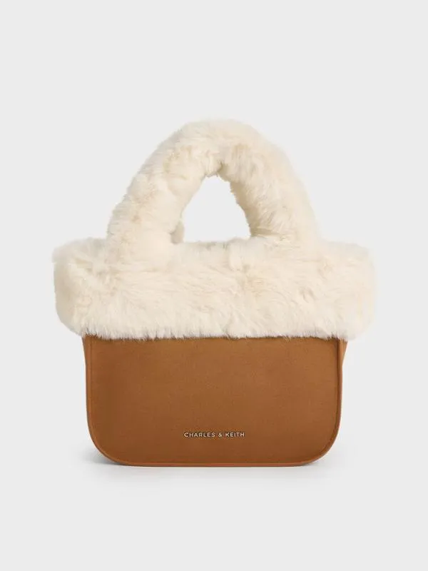Kids Girls039 Textured FurTrim Tote Bag 8211 Brown CHARLES and KEITH Bags