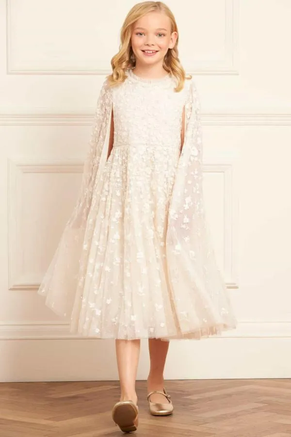 KIDS Needle and Thread Dahlia Ditsy Cape Kids Dress Champagne KIDS Needle and Thread Dahlia Ditsy Cape Kids Dress Champagne