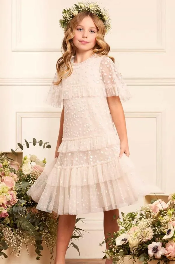 KIDS Needle and Thread Leila Dot Tiered Cape Kids Dress Champagne