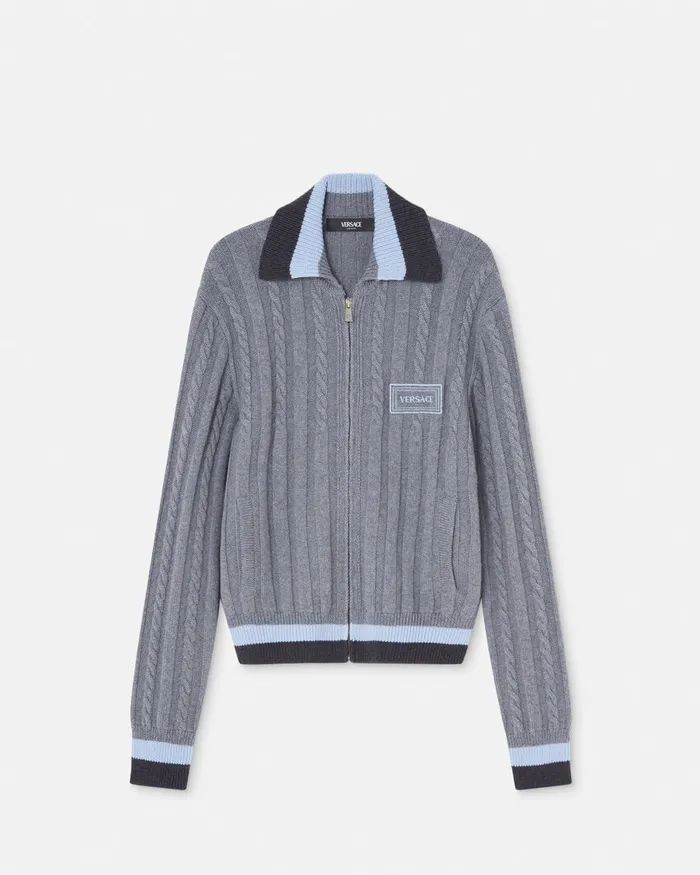 Knitwear Men Versace 90s Vintage Logo Knit Zip Jumper Gray