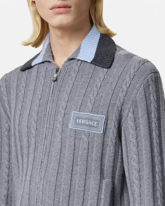 Knitwear Men Versace 90s Vintage Logo Knit Zip Jumper Gray