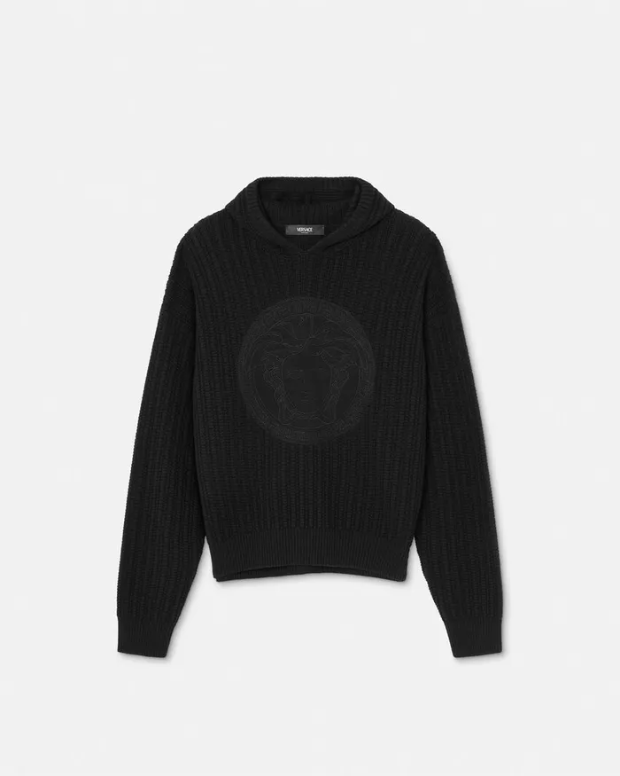 Knitwear Men Versace Embroidered Medusa CableKnit Hoodie Black