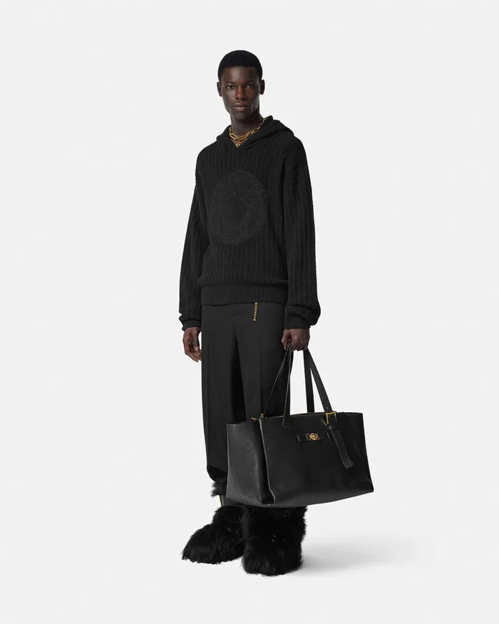 Knitwear Men Versace Embroidered Medusa CableKnit Hoodie Black