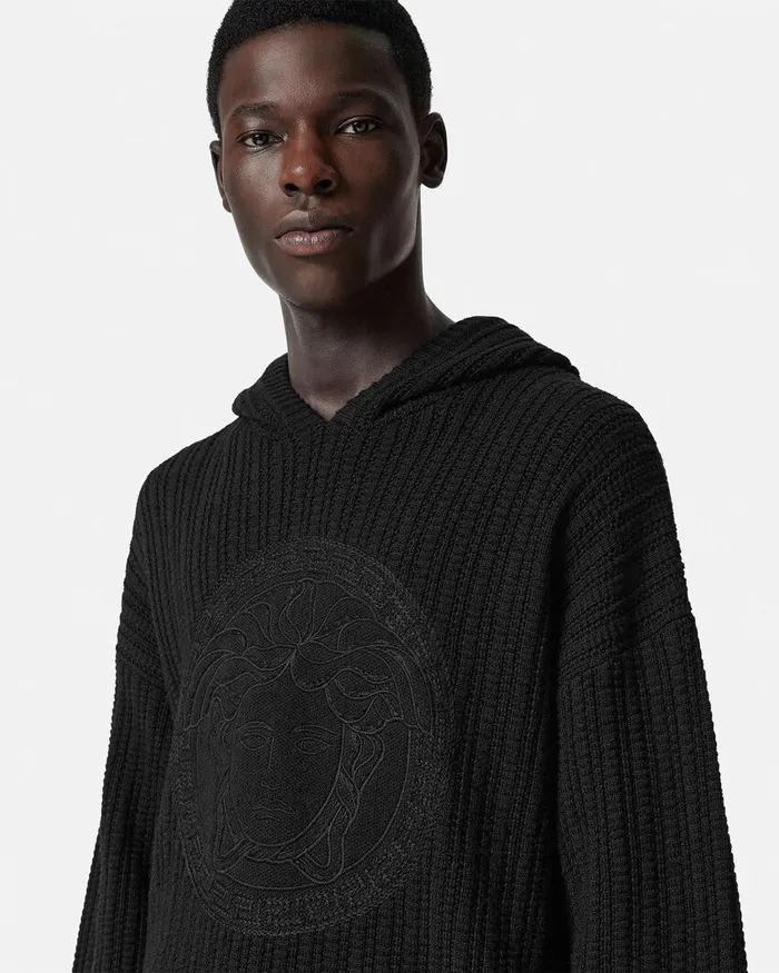 Knitwear Men Versace Embroidered Medusa CableKnit Hoodie Black
