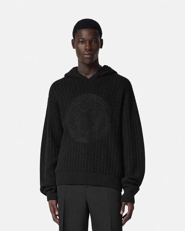 Knitwear Men Versace Embroidered Medusa CableKnit Hoodie Black