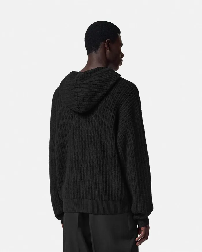 Knitwear Men Versace Embroidered Medusa CableKnit Hoodie Black