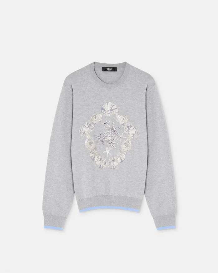 Knitwear Men Versace Embroidered Shell Blasone Sweater Gray