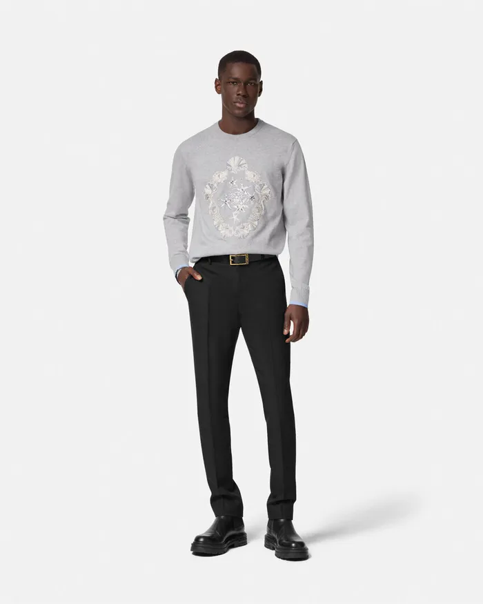 Knitwear Men Versace Embroidered Shell Blasone Sweater Gray