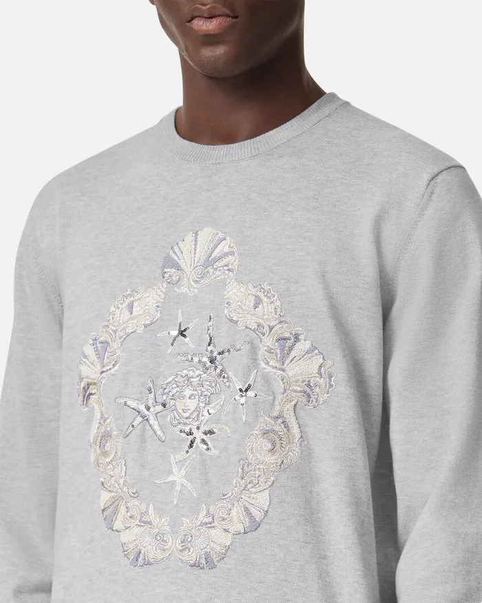 Knitwear Men Versace Embroidered Shell Blasone Sweater Gray