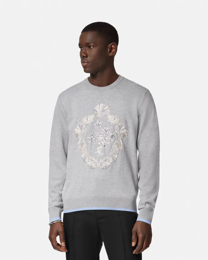 Knitwear Men Versace Embroidered Shell Blasone Sweater Gray