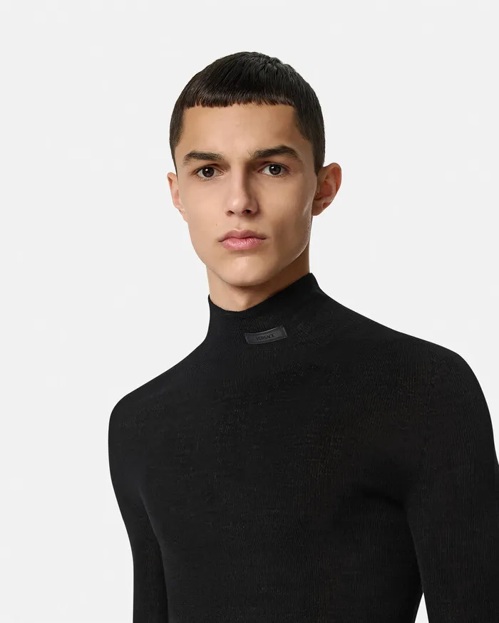 Knitwear Men Versace Merino Wool Fitted Ribbed Knit Top Black