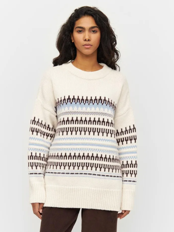 KnowledgeCotton Apparel Knits Wool Pattern Boxy Crew Neck White Stripe 8211 Women KnowledgeCotton Apparel Knits Wool Pattern Boxy Crew Neck White Stripe 8211 Women