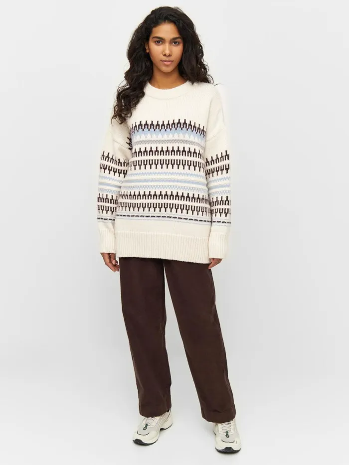 KnowledgeCotton Apparel Knits Wool Pattern Boxy Crew Neck White Stripe 8211 Women KnowledgeCotton Apparel Knits Wool Pattern Boxy Crew Neck White Stripe 8211 Women