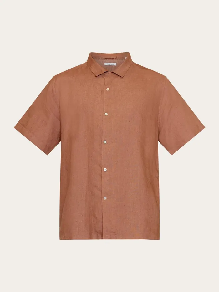 KnowledgeCotton Apparel Shirts Box Fit Short Sleeved Linen Shirt Chocolate Malt 8211 Men KnowledgeCotton Apparel Shirts Box Fit Short Sleeved Linen Shirt Chocolate Malt 8211 Men