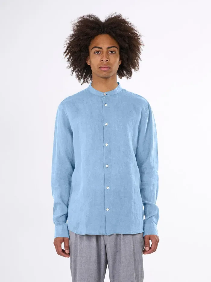 KnowledgeCotton Apparel Shirts Custom Fit Linen Stand Collar Shirt Airy Blue 8211 Men KnowledgeCotton Apparel Shirts Custom Fit Linen Stand Collar Shirt Airy Blue 8211 Men