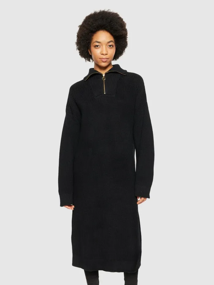 KnowledgeCotton Apparel Skirts And Dresses Heavy Rib Half Zip Knit Dress Black Jet 8211 Women KnowledgeCotton Apparel Skirts And Dresses Heavy Rib Half Zip Knit Dress Black Jet 8211 Women