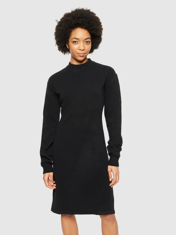KnowledgeCotton Apparel Skirts And Dresses Wool Crew Neck Mid Length Dress Black Jet 8211 Women
