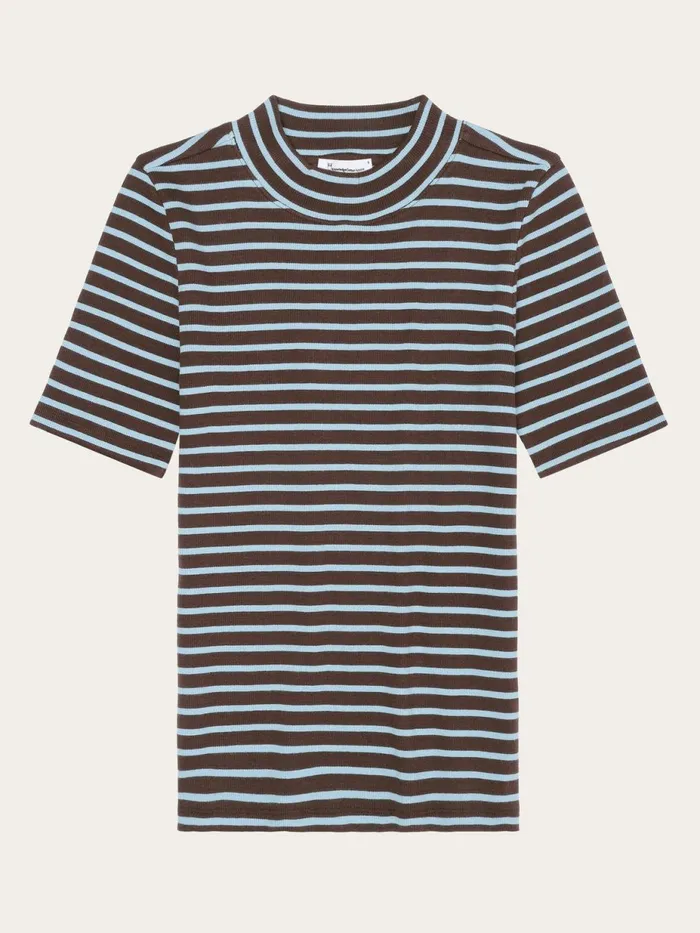 KnowledgeCotton Apparel TShirts And Tops Striped Rib High Neck Short Sleeved Brown Stripe 8211 Women KnowledgeCotton Apparel TShirts And Tops Striped Rib High Neck Short Sleeved Brown Stripe 8211 Women