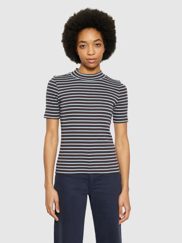 KnowledgeCotton Apparel TShirts And Tops Striped Rib High Neck Short Sleeved Brown Stripe 8211 Women