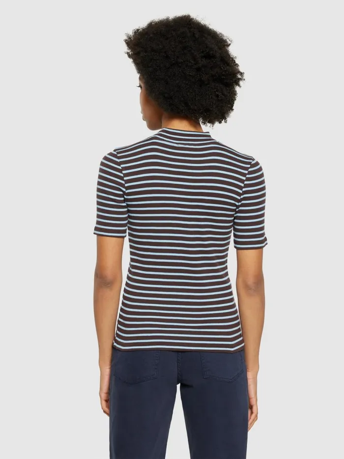 KnowledgeCotton Apparel TShirts And Tops Striped Rib High Neck Short Sleeved Brown Stripe 8211 Women
