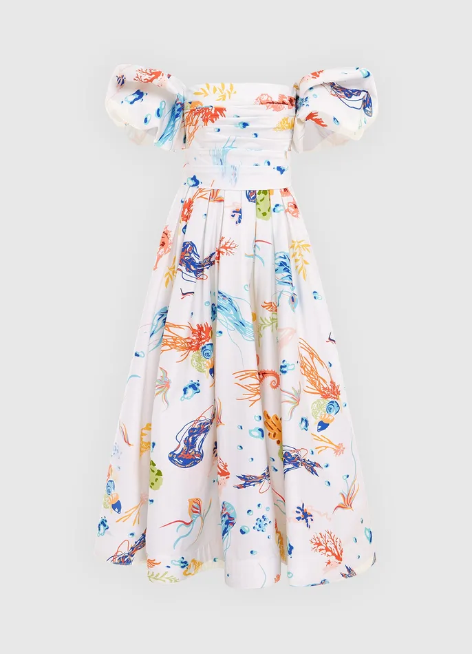 LEO LIN Dresses and Jumpsuits Women Matilda Puff Sleeve Midi Dress 8211 Twilight Print in White