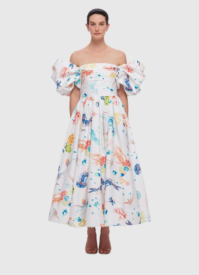 LEO LIN Dresses and Jumpsuits Women Matilda Puff Sleeve Midi Dress 8211 Twilight Print in White