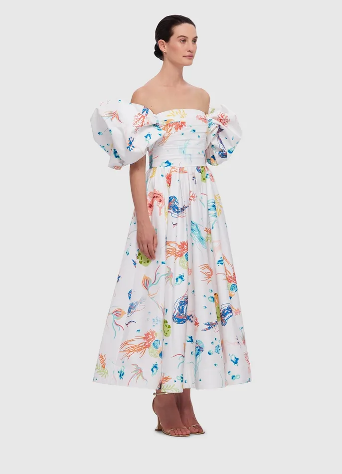 LEO LIN Dresses and Jumpsuits Women Matilda Puff Sleeve Midi Dress 8211 Twilight Print in White