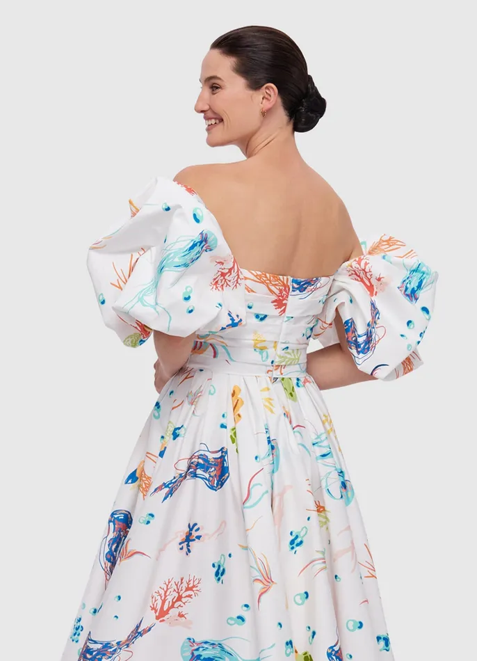 LEO LIN Dresses and Jumpsuits Women Matilda Puff Sleeve Midi Dress 8211 Twilight Print in White