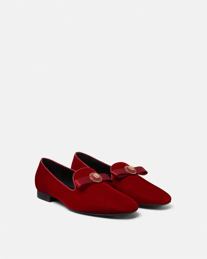Loafers and Flats Women Versace Gianni Ribbon Velvet Slippers Red