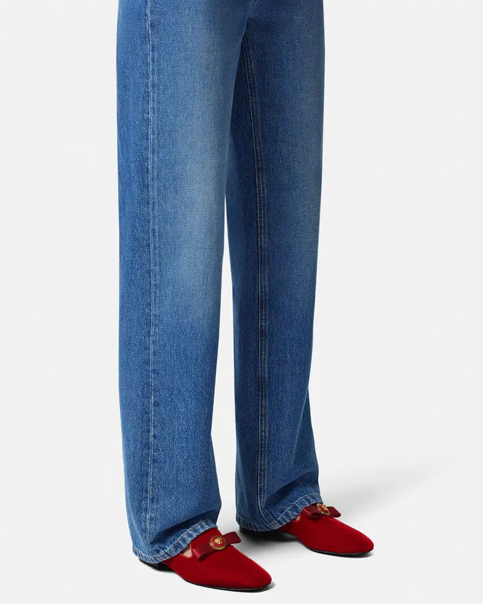 Loafers and Flats Women Versace Gianni Ribbon Velvet Slippers Red